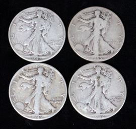 Silver Walking Liberty Half Dollars 1942, 1942D, 1945D And 1947D