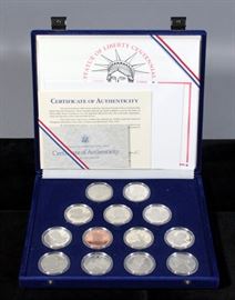 1986 Statue Of Liberty Centennial Collection, 1987 Silver Dollar 90% Silver, Silver Medals .925 Silver (11), 1 Clad Medal, Box, Papers And COA