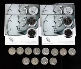 Two 2014 50th Anniversary Kennedy Half Dollar Coin Sets, 1964 Kennedy Silver Half Dollar And 11 40% Silver Kennedy Half Dollars
