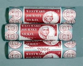 $2 Rolls of Jefferson Nickels (17) , U.S. Mint 2004 Westward Journey Nickel Coin Set And Set Of Pair Of Gloves For Handling Coins