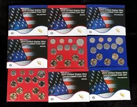 U.S. Mint Uncirculated Coin Sets 2013P (2), 2013D, 2014D (2), 2014P, 2015D (2) And 2015P