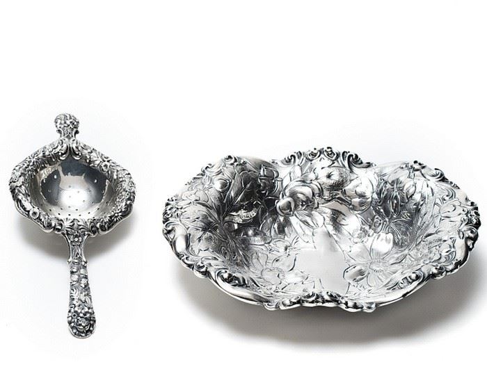 sterling group of two floral chased candy dishes by Gorham and Stieff with a Kirk tea strainer