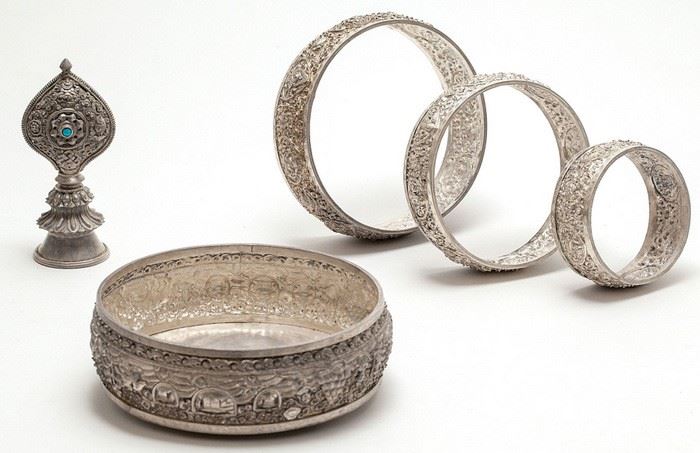 five Tibetan silver altar pieces