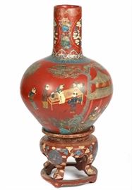 large Chinese lacquer painted vase and stand