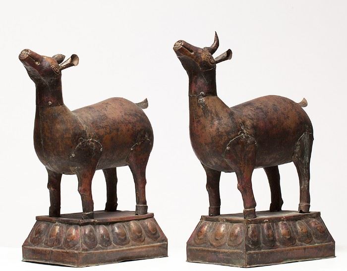 pair of Tibetan copper deer figures