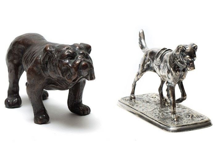 cast metal bulldog and a plated figure of a hound
