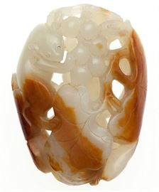 Quing Dynasty white jade squirrel and grape pendant