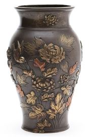 Japanese bronze mixed metal bird and flower vase
