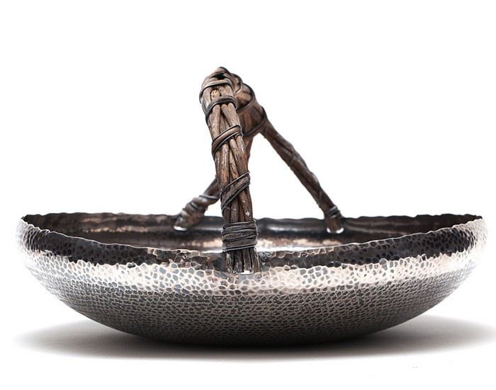 Japanese repousse silver basket form bowl
