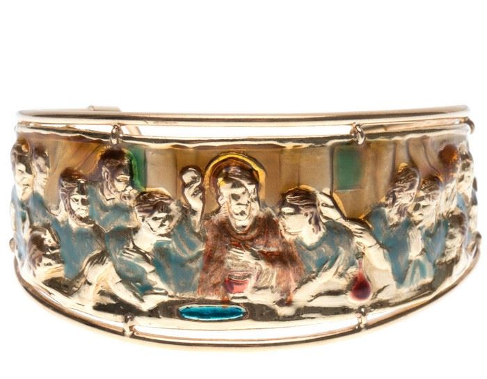 14k yellow gold enamel cuff bracelet depicting the Last Supper