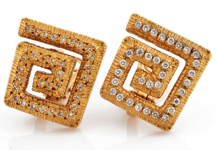 A pair of diamond, 18k yellow gold earrings