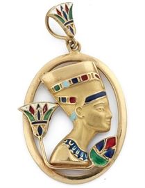 An enamel, 18k Nefertiti pendant