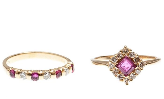 collection of diamond, ruby, 14k yellow gold rings