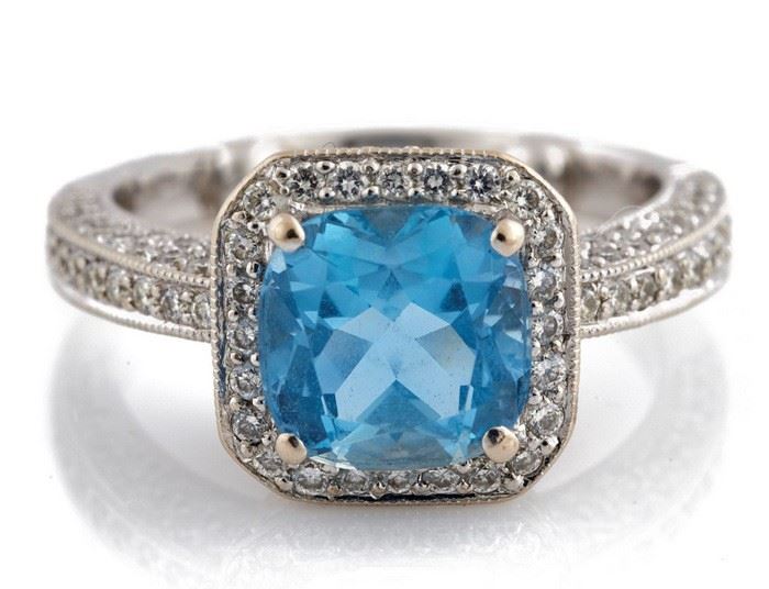 aquamarine, diamond, 18k white gold ring