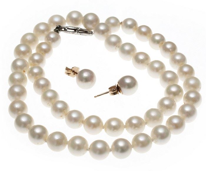 cultured pearl, 14k necklace and pair of earrings