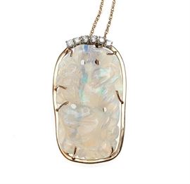 carved opal, diamond, 14k necklace