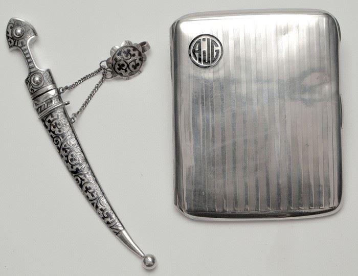 gents cigarette case with a Russian silver and niello souvenir kindjal