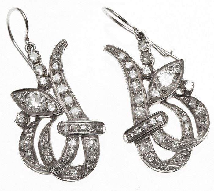 Fancy A pair of diamond, 14k white gold earrings