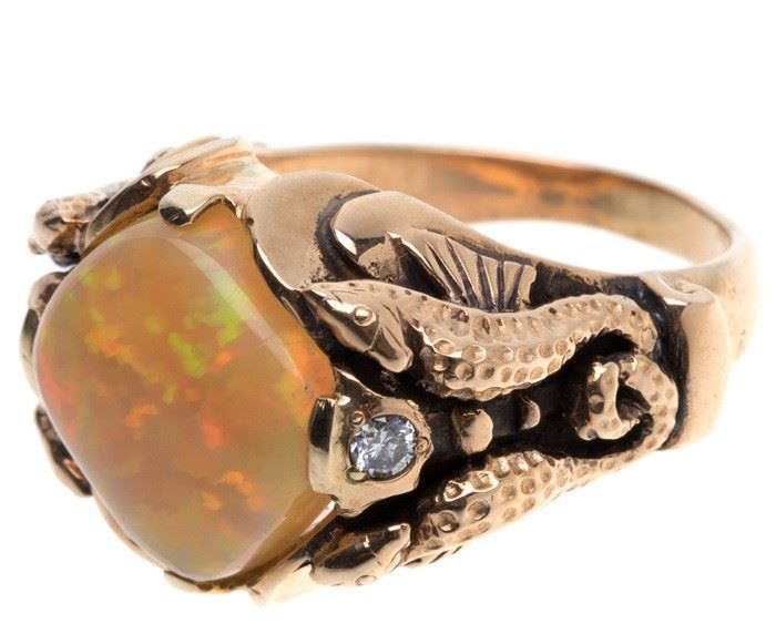 gents opal, diamond, 14k ring