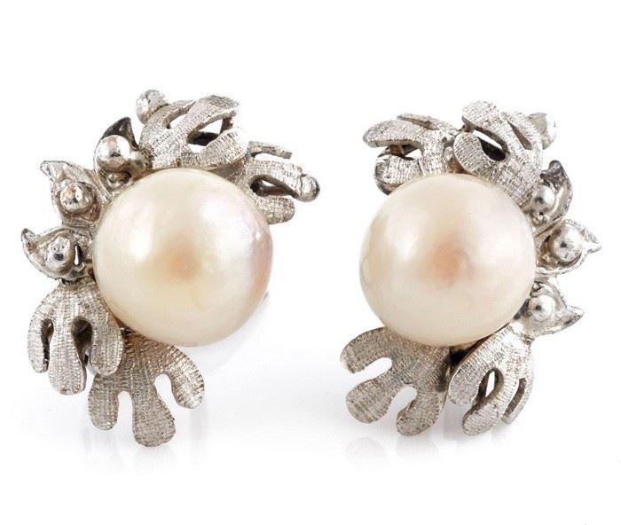 pair of cultured pearl, 14k white gold earrings