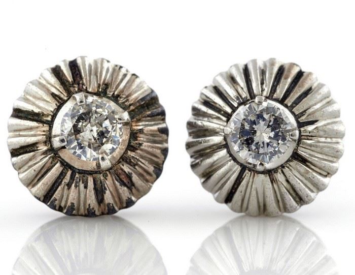 pair of diamond, 10k white gold post earrings