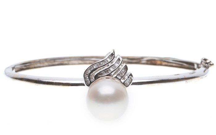South Sea cultured pearl, diamond, 14k white gold bracelet