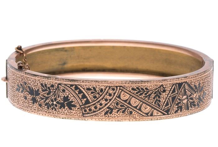 Victorian 10k gold, enamel bangle bracelet