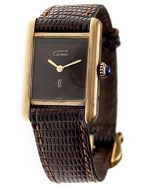 Cartier tank, Must de vermeil. leather wristwatch