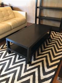West Elm coffee table, Pottery Barn brown-and-white zigzag-pattern rug (96" x 60")