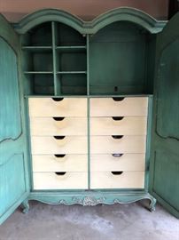 Carved antique wooden armoire&nbsp;[63 1/2" (highest point) x 56" (width) x 18" (depth)] with ample interior storage