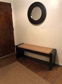West Elm wooden bench with woven cushion and mirror