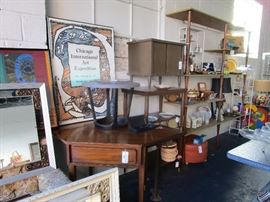 Art, decor, side tables, corner desk, barware, china, white wrought iron shelving units (built-in shelving units not available)