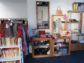 Men's and women's clothing, purses, jewelry, MCM wall mirrors, paperback books (far right shelving unit not available)