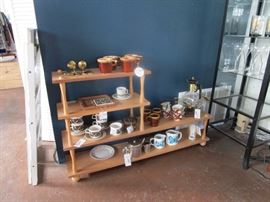 Mugs, china, coffee pots and warmers, small  wood display/bookshelf