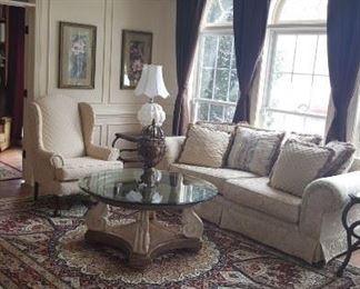 Mint Condition Sofa, Love Seat, Chippendale Chair and Glass Coffee Table
