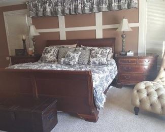 Sleigh Bed, Chaise Lounge, Trunk, End Tables, Lamps and Bed Linens