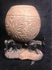 African Carved Footed Gourd