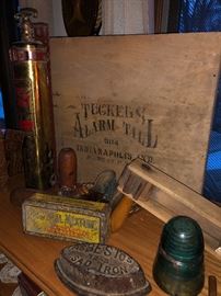 Brass fire extingusher (needs recharge) and a fun Alarm Till. - We actually have a much more modern alarm system going at this sale. But check out that old noise maker!