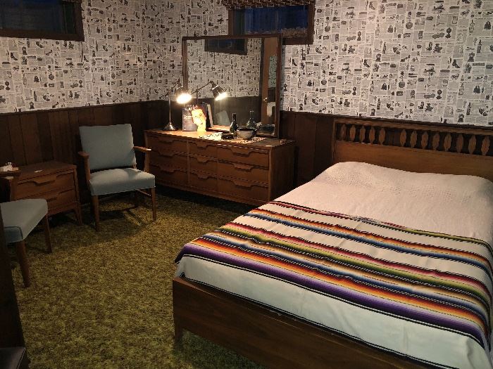 Remember that mid century taller dresser? This full size bed, nightstand and long dresser match up.