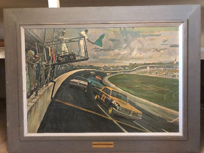 Crazy fun print that was given to Pontiac car dealers in 1962 of the Daytona 500. This one is in quite lovely condition and would make a super fun conversation piece for home or office
