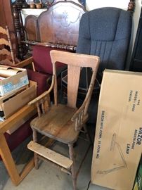 Chair assortment, antique headboard and a terrific project lamp