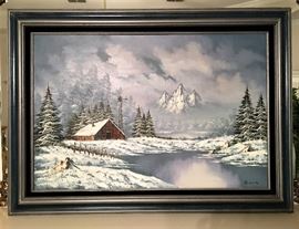 LARGE GORGEOUS SIGNED OIL PAINTING WITH WINTER SCENE