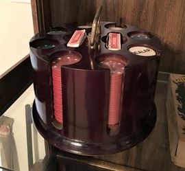 VINTAGE BAKELITE POCKER CHIPS AND RACK