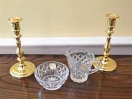 Lenox Crystal cream & sugar and Baldwin brass candlesticks