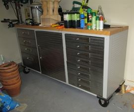 Seville Classic rolling storage cabinet / workbench Granite gray powder-coat with 1 ½” maple worktop, 5” locking casters 6’ W x 20” D x 37 ½” T