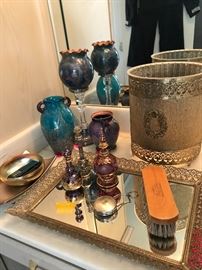 Hollywood regency trash can and mirrored tray