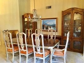 Drexel Ornately Painted Dining Table, 3 Leaves, 2 Captain's Chairs, 6 Side Chairs.  2 Display Cabinets