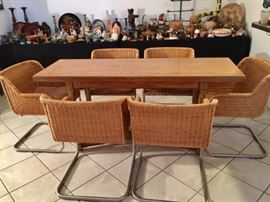 Folding Dining Table w/ 6 Wicker/Chrome Armchairs