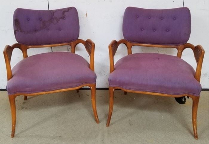 Vintage pair caned arm upholstered chairs