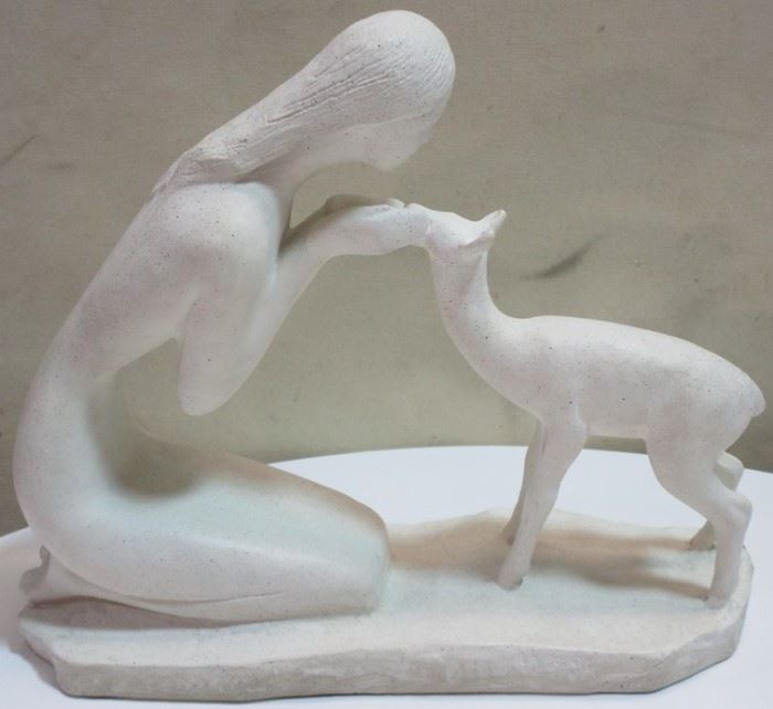 Lady w/ fawn sculpture